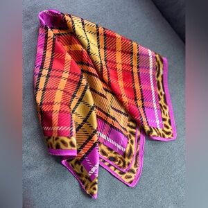Y2K Small Silk Vibrant Plaid and Leopard Print Scarf Size 20”x21”